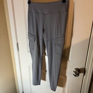 High-Rise Gray Cargo Leggings, Stretch Utility Athleisure Pants, Size L